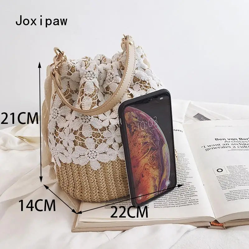 Summer Straw Bucket Bag for Women Woven Crossbody Handbag