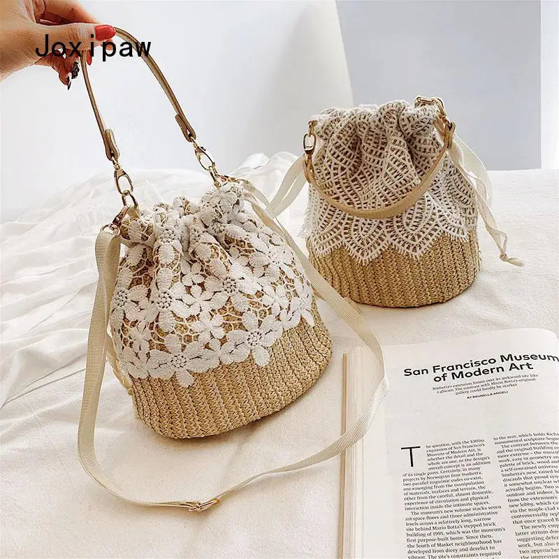 Summer Straw Bucket Bag for Women Woven Crossbody Handbag