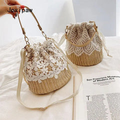 Summer Straw Bucket Bag for Women Woven Crossbody Handbag