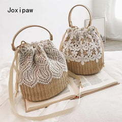 Summer Straw Bucket Bag for Women Woven Crossbody Handbag
