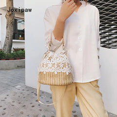 Summer Straw Bucket Bag for Women Woven Crossbody Handbag