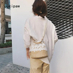 Summer Straw Bucket Bag for Women Woven Crossbody Handbag
