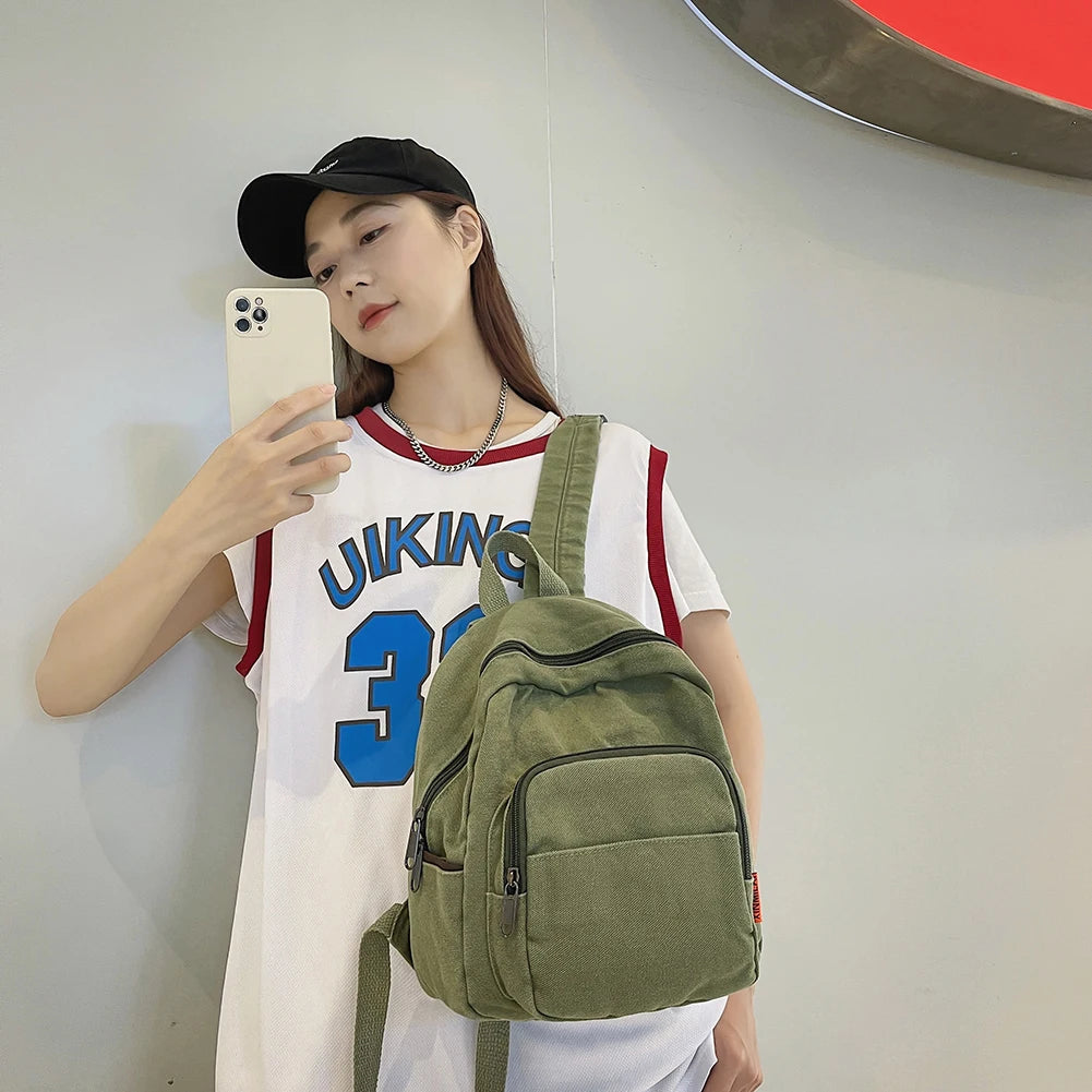 Ladies Solid Canvas Travel Backpack Large Capacity Knapsack