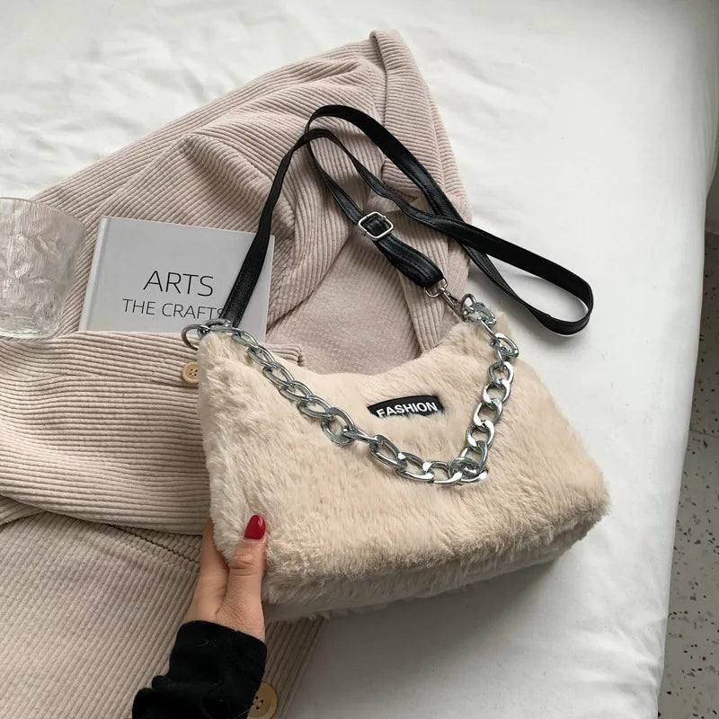 Chain Plush Shoulder Messenger Bag Casual Adjustable Strap