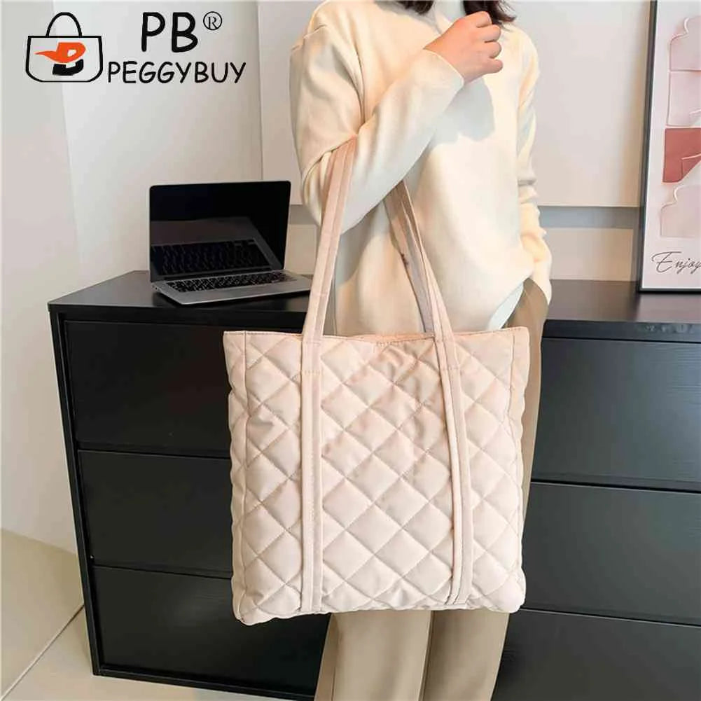 Large Capacity Cotton Padded Tote Handbag Rhombus Pattern