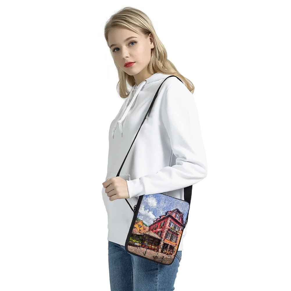 Landscape Print Crossbody Bag with Building Pattern