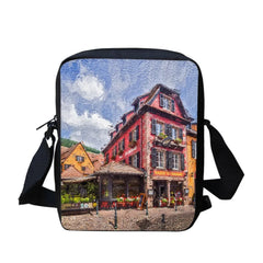 Landscape Print Crossbody Bag with Building Pattern
