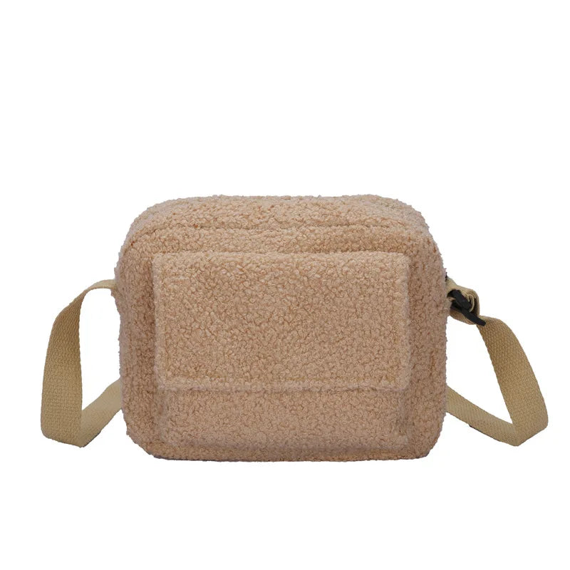 Lamb Plush Shoulder Bags Brown Zipper Pockets Crossbody Small Shopping Bags