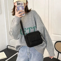Lamb Plush Shoulder Bags Brown Zipper Pockets Crossbody Small Shopping Bags