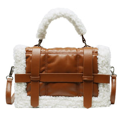 Brown Lamb Wool Shoulder Bag Quilted Handbag Large Crossbody Purse