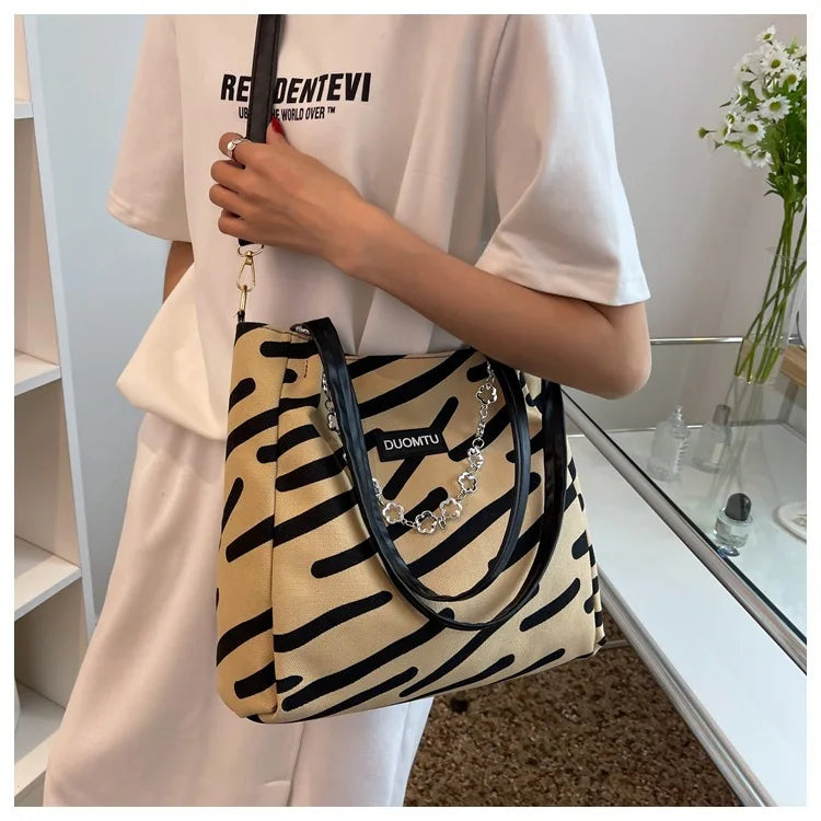 Large Capacity Beach Shopping Tote Bag Ladies Striped Vintage Canvas Handbag
