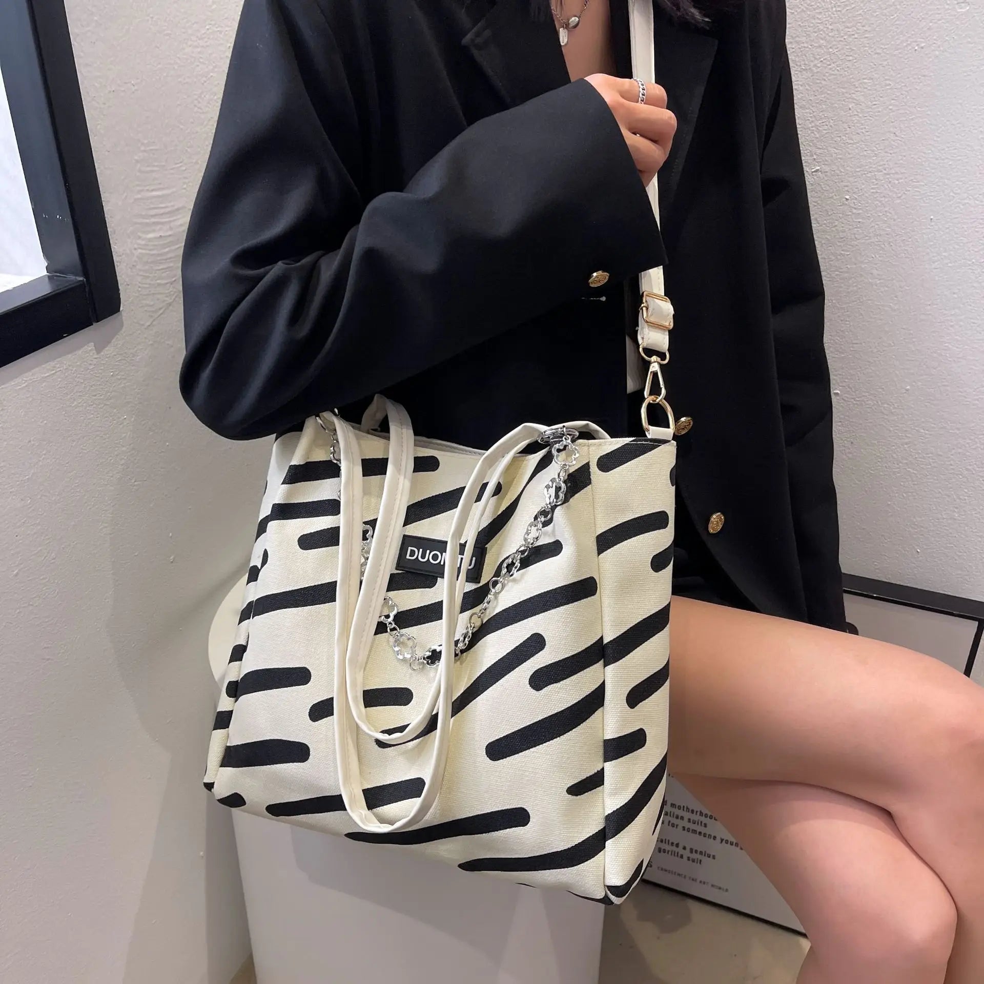Large Capacity Beach Shopping Tote Bag Ladies Striped Vintage Canvas Handbag