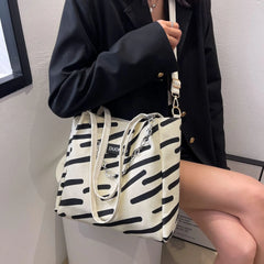 Large Capacity Beach Shopping Tote Bag Ladies Striped Vintage Canvas Handbag