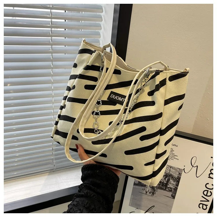 Large Capacity Beach Shopping Tote Bag Ladies Striped Vintage Canvas Handbag