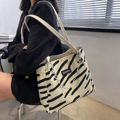 Large Capacity Beach Shopping Tote Bag Ladies Striped Vintage Canvas Handbag