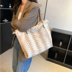 Large Tote Handbags Cotton Woven Shoulder Bags Tassel Shopper Purse