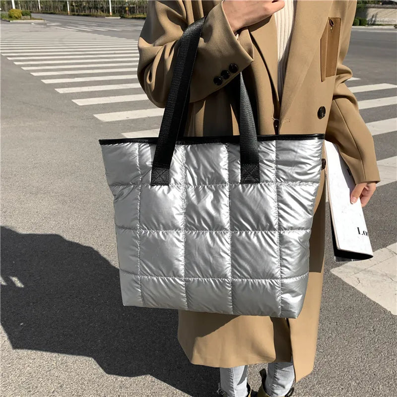 Large Tote Padded Handbags Quilted Women Shoulder Bags Nylon Down Cotton