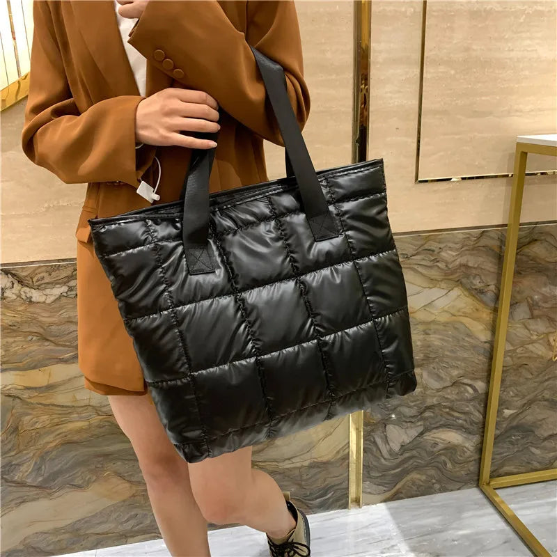 Large Tote Padded Handbags Quilted Women Shoulder Bags Nylon Down Cotton