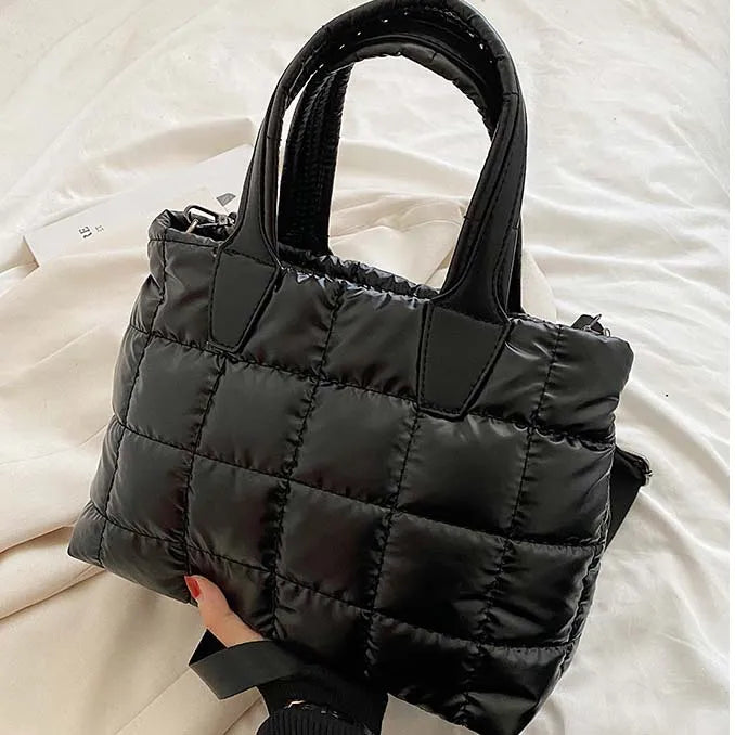 Large Tote Padded Handbags Women Nylon Soft Padded Winter Purse Quilted Lattice
