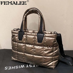 Large Tote Padded Handbags Women Nylon Soft Padded Winter Purse Quilted Lattice