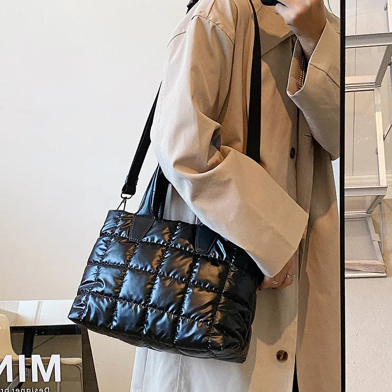 Large Tote Padded Handbags Women Nylon Soft Padded Winter Purse Quilted Lattice