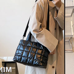 Large Tote Padded Handbags Women Nylon Soft Padded Winter Purse Quilted Lattice