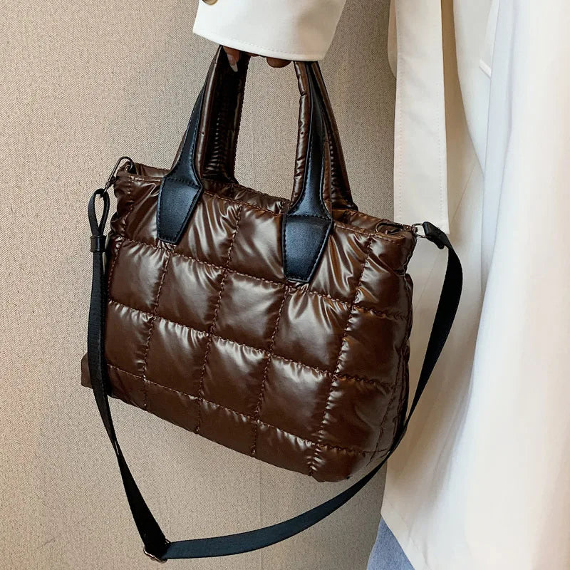Large Tote Padded Handbags Women Nylon Soft Padded Winter Purse Quilted Lattice
