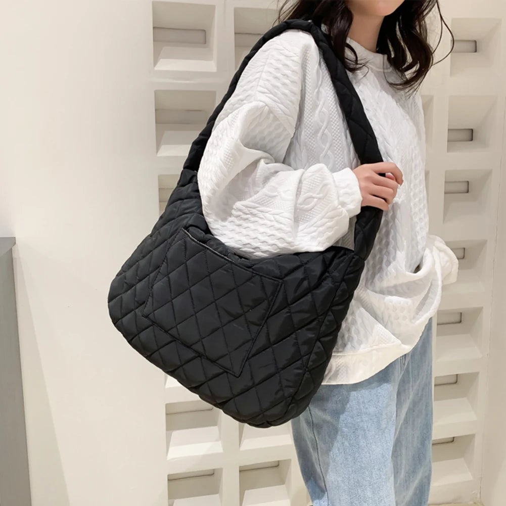 Lattice Pattern Shoulder Bags Space Cotton Handbags Women Large Capacity Tote Ba
