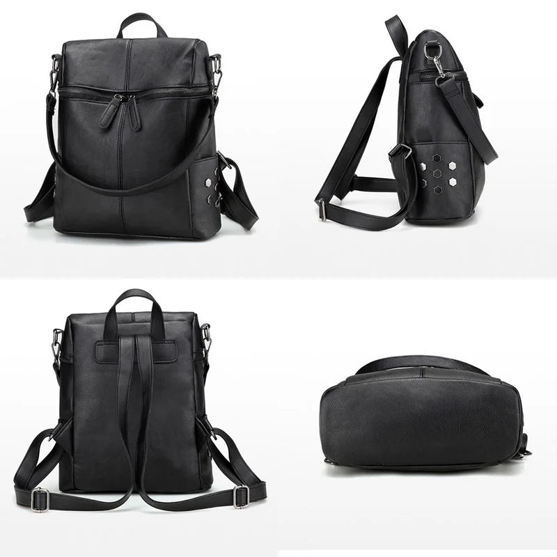 Waterproof PU Leather Backpack Women Zipper Casual Shoulder Bag