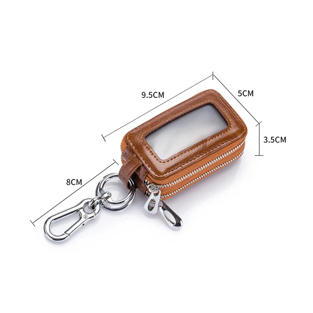 Leather Car Keys Bag Double Pocket Zipper Mini Wallet Key Holder