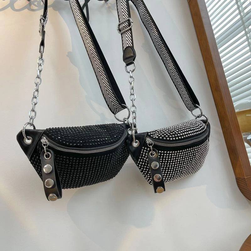 Leather Female Belt Bag Ladies Diamond Fanny pack Hip pack Woman Shoulder Crossb