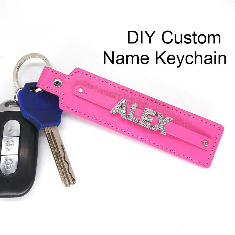 Leather Personalized Rhinestone Name Keychain Keyring