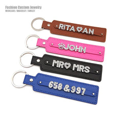 Leather Personalized Rhinestone Name Keychain Keyring