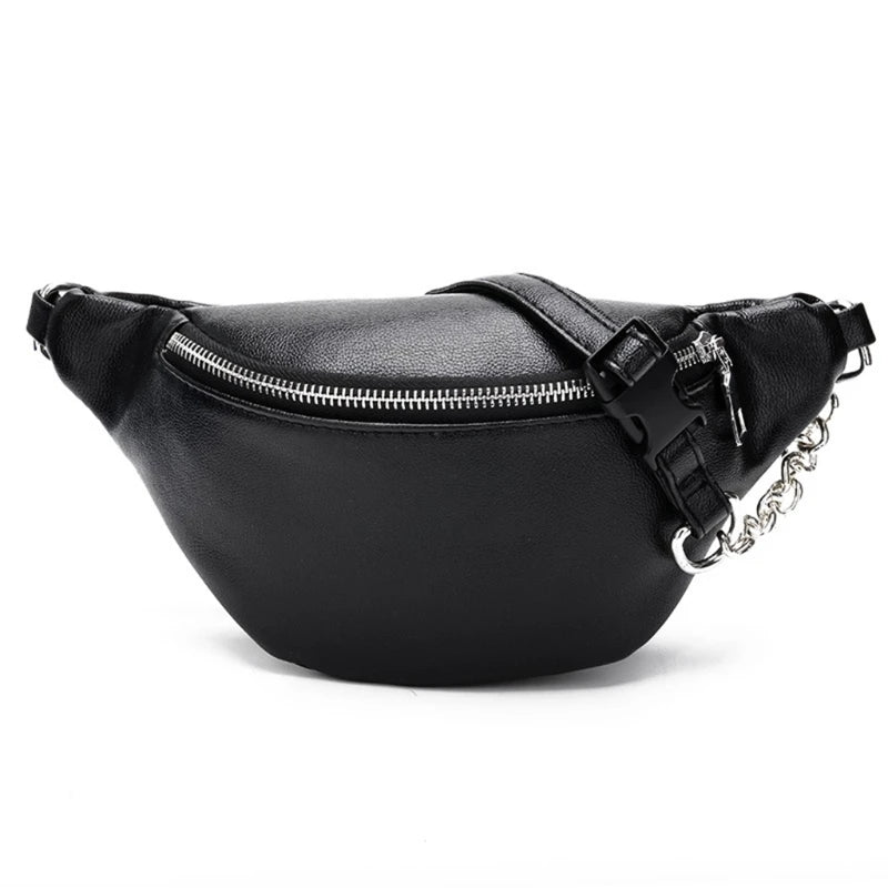 Leather Fanny Pack Chest Bag with Metal Chain