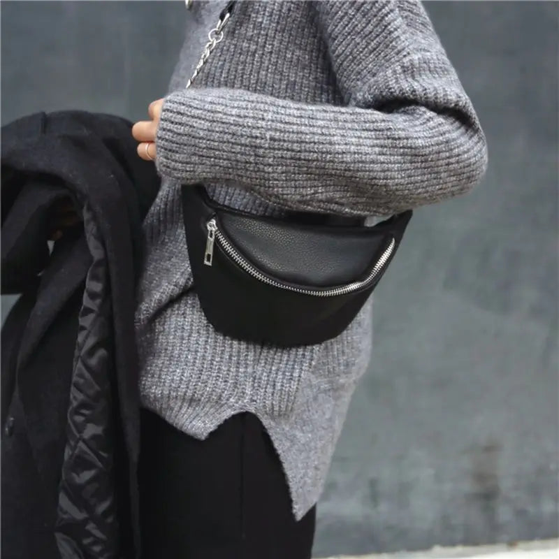 Leather Fanny Pack Chest Bag with Metal Chain