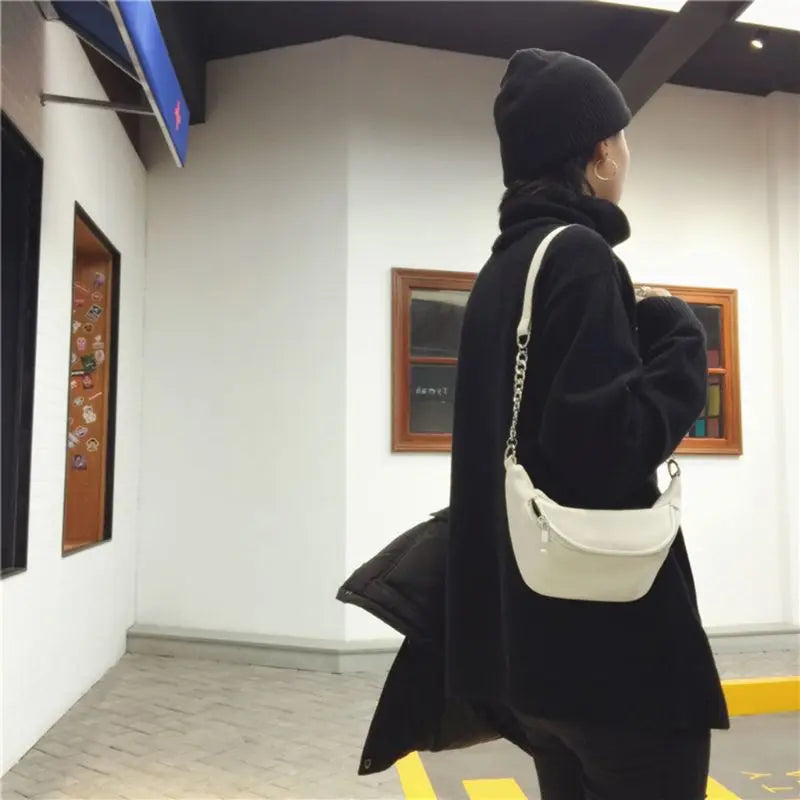 Leather Fanny Pack Chest Bag with Metal Chain