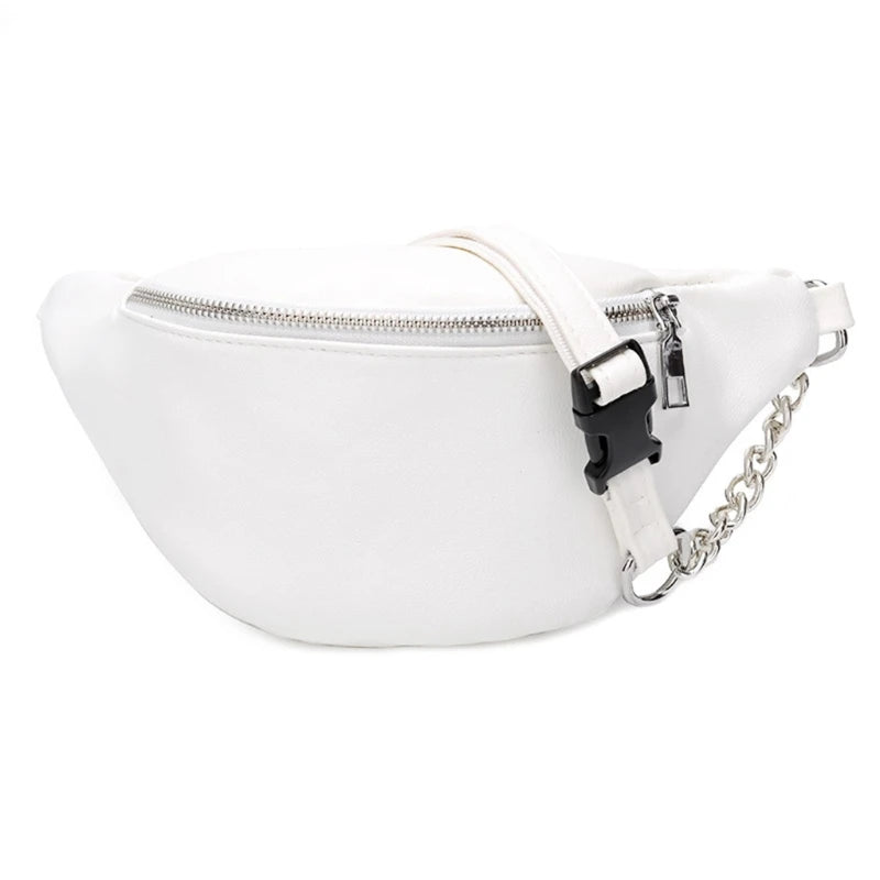 Leather Fanny Pack Chest Bag with Metal Chain