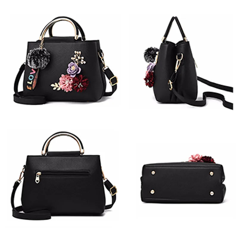 Leather Women's Shoulder Bags Casual Wild Retro Embroidery Handbag