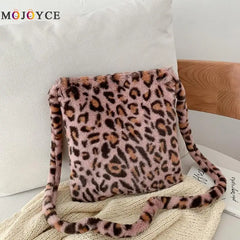 Leopard Print Crossbody Bag for Women Plush Winter Shoulder Handbag