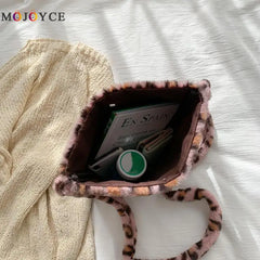 Leopard Print Crossbody Bag for Women Plush Winter Shoulder Handbag