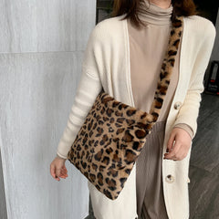 Leopard Print Crossbody Bag for Women Plush Winter Shoulder Handbag