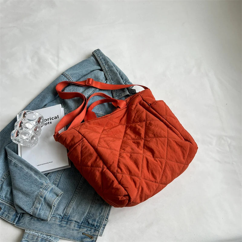Lingge Quilted Nylon Padded Shoulder Bags Casual Down Cotton