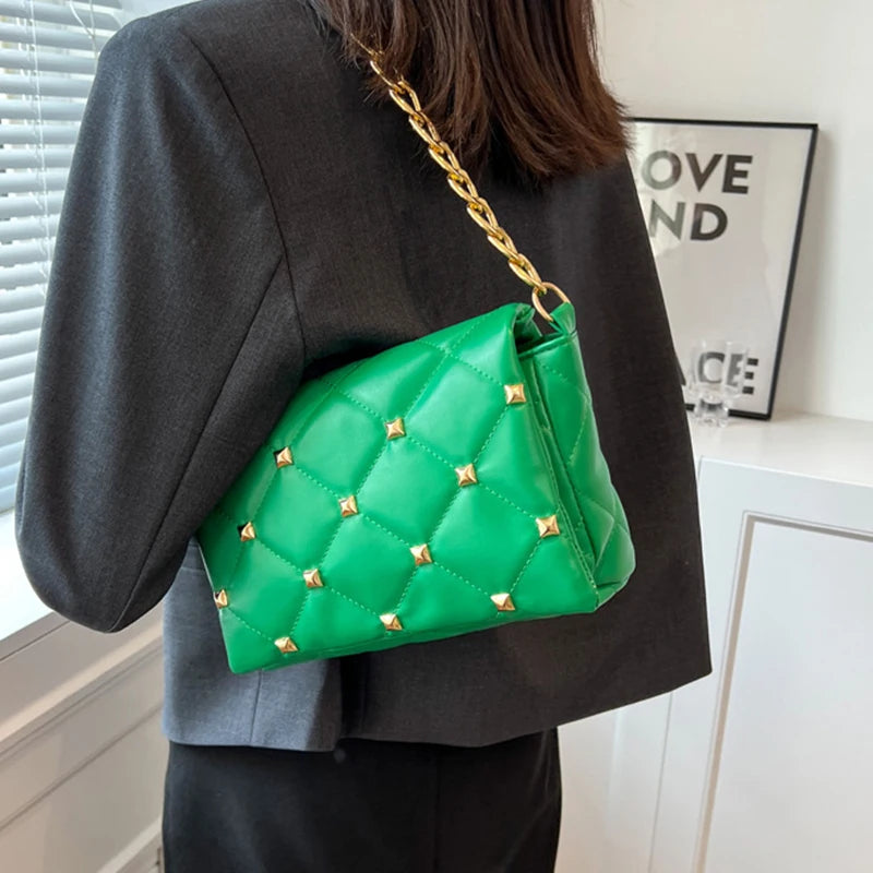 Lingge Shoulder Bags Chains Crossbody Bag Rivet PU Leather Handbag Purse