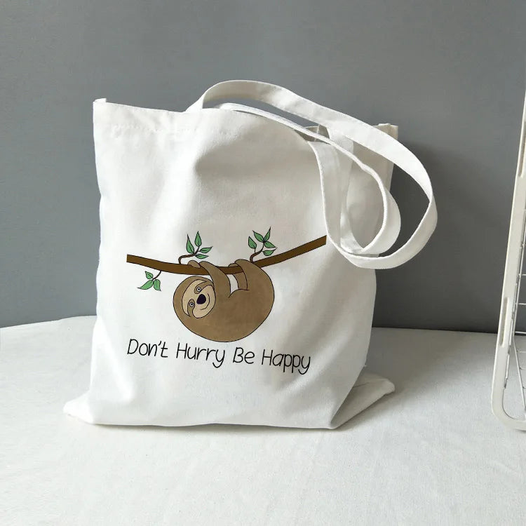 Sloth Print Canvas Tote Bag - Don't Hurry Be Happy