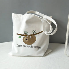 Sloth Print Canvas Tote Bag - Don't Hurry Be Happy