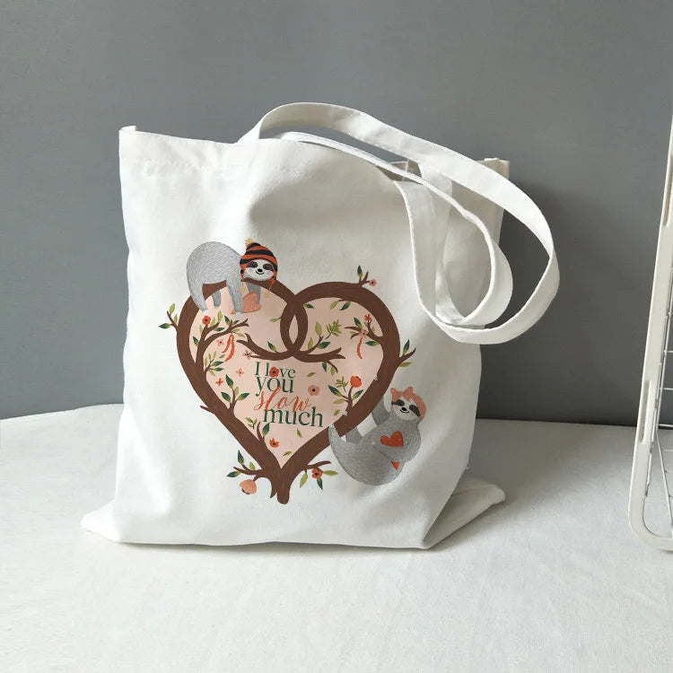 Sloth Print Canvas Tote Bag - Don't Hurry Be Happy