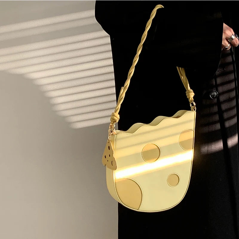 Cheese Shape Women Shoulder Bag Yellow Pu Leather Girls High Purse Handbags