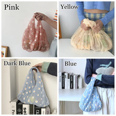 Women Small Flower Daisy Embroidery Handbag Organza Tote Lace Shoppi