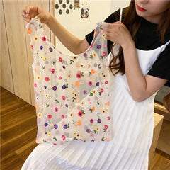 Women Small Flower Daisy Embroidery Handbag Organza Tote Lace Shoppi