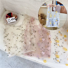 Women Small Flower Daisy Embroidery Handbag Organza Tote Lace Shoppi